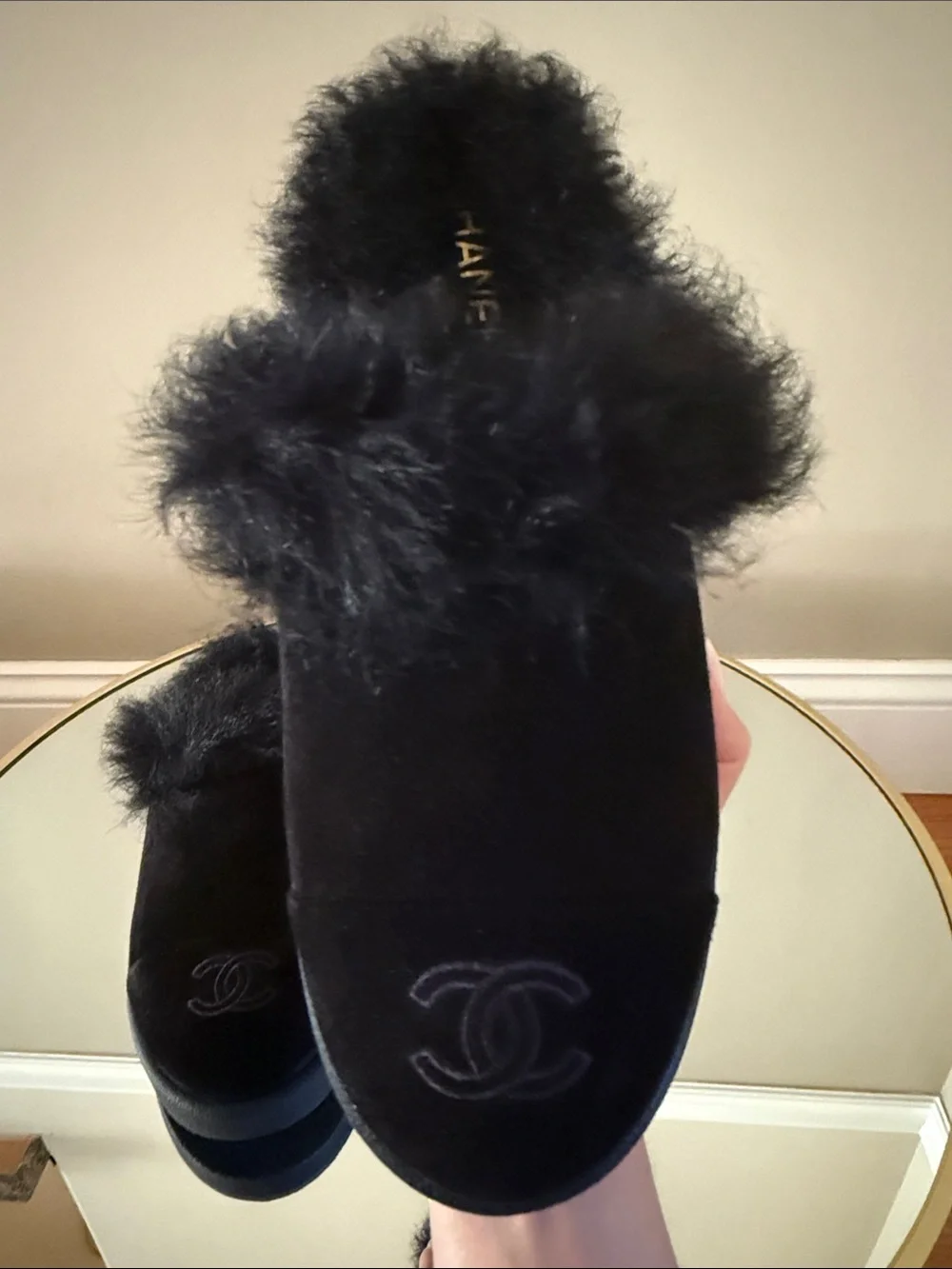 Chanel Black Suede Real Fur Shearling Clogs Mules Sz 40